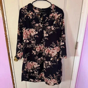 41 Hawthorn Button Down Shirt Dress Floral Black Roll Tab Sleeves Sz L Petite